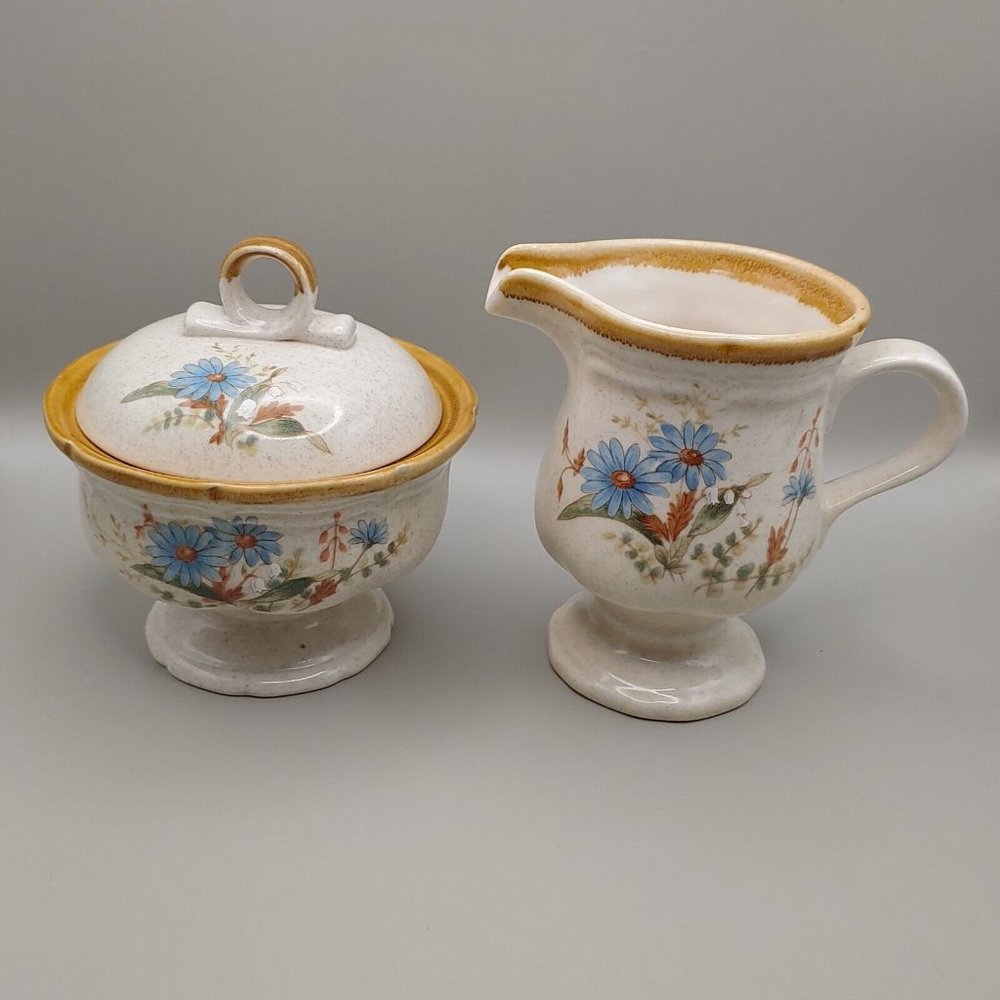 Mikasa Blue Daises Creamer Cream Pitcher Sugar Bowl w/ lid  EB 804 VG Cond VTG